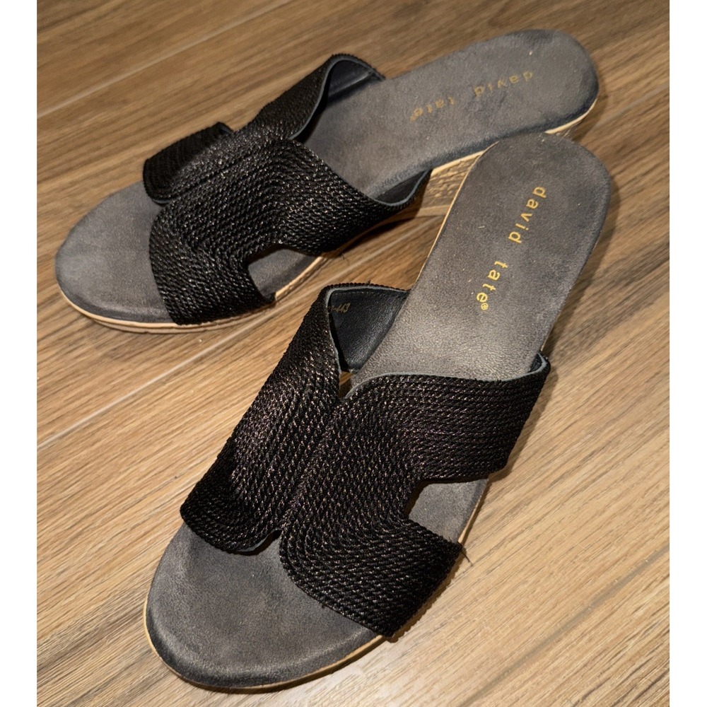 david tate Vibe Wedge Slide Sandal Womens Shoes Black With Brown Wedge Heel EUC